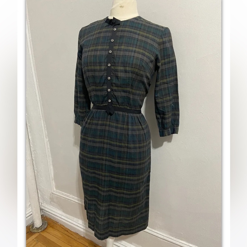 60s Helen Whiting Green Plaid Sheath Vintage Dress